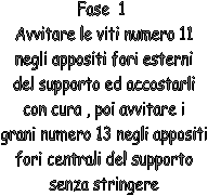 Fase 1 
Avvitare il numero le viti
numero 11 negli appositi 
fori esterni del supporto ed 
accostarli con cura , poi 
avvitare i  numero 13 
negli appositi fori centrali
del supporto senza stri